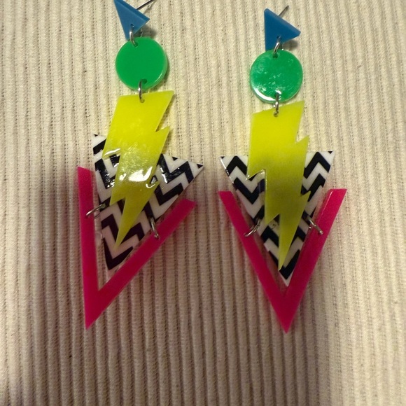 80’s Inspired Colorful Geometric Lightning Bolt Earrings - Picture 2 of 4